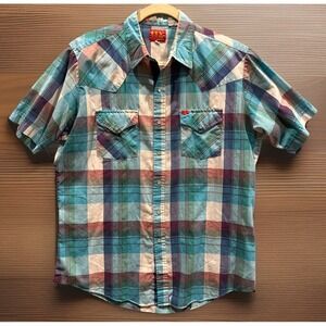 Ely Plains Western Men's L Blue Plaid Pearl Snap Short Sleeve Button Classic